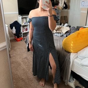 Lulus dream love navy blue polka dot off-the-shoulder maxi dress